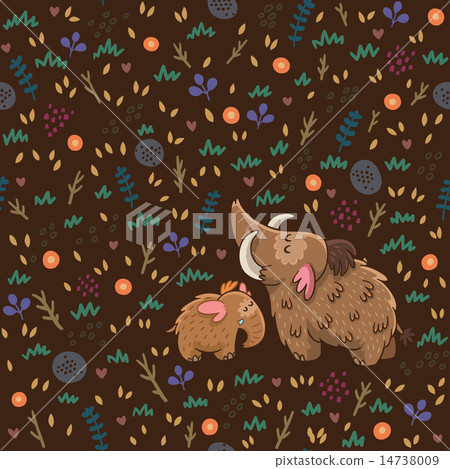Cute floral seamless pattern with mammoths Cute floral seamless pattern with mammoths 14738009