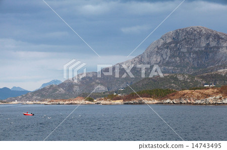 Norwegian landscape with Mountains, sea and sky 14743495