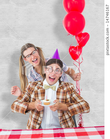Composite image of geeky hipsters celebrating birthday Composite image of geeky hipsters celebrating birthday 14746167