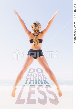 Composite image of fit blonde jumping on the beach with arms out Composite image of fit blonde jumping on the beach with arms out 14746341