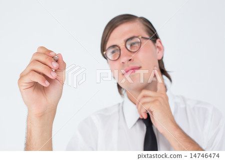 Geeky businessman writing with pen Geeky businessman writing with pen 14746474