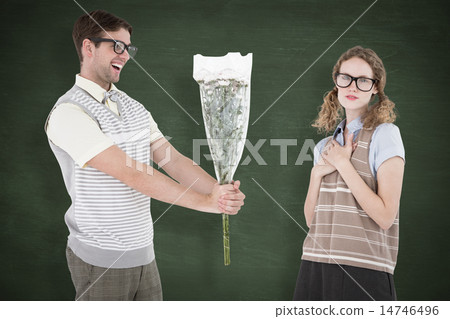 Composite image of geeky hipster offering flowers to his girlfri Composite image of geeky hipster offering flowers to his girlfri 14746496