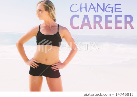 Composite image of fit blonde standing on the beach 14746815