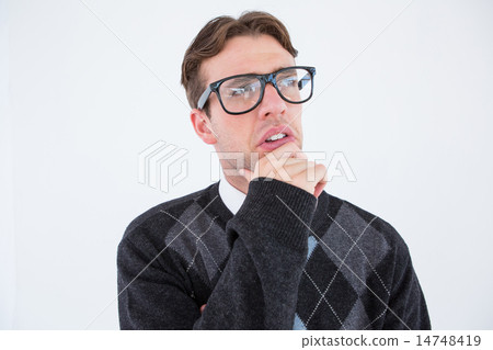 Geeky hipster thinking with hand on chin 14748419
