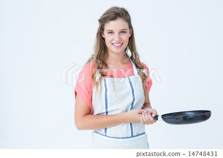 Happy hipster woman holding frying pan 14748431