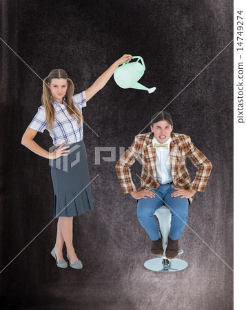 Composite image of geeky hipster watering her boyfriend 14749274