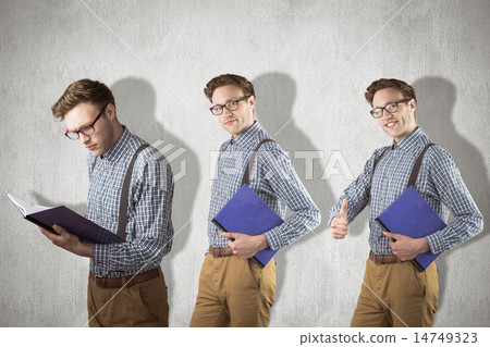 Composite image of nerd with notebook Composite image of nerd with notebook 14749323
