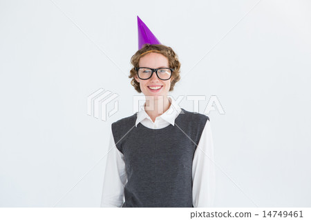 Geeky hipster wearing a party hat Geeky hipster wearing a party hat 14749461