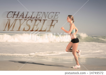 Composite image of fit woman jogging on the beach Composite image of fit woman jogging on the beach 14749572