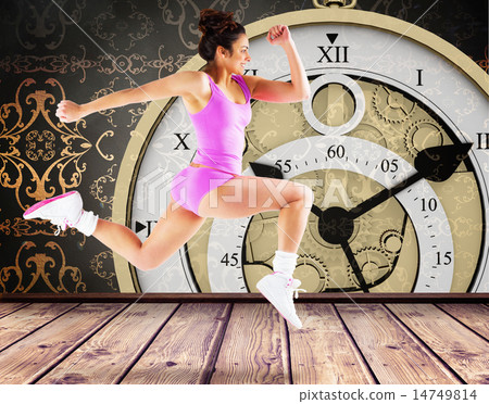 Composite image of fit brunette running and jumping Composite image of fit brunette running and jumping 14749814