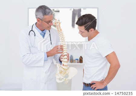 Doctor explaining anatomical spine to his patient Doctor explaining anatomical spine to his patient 14750235