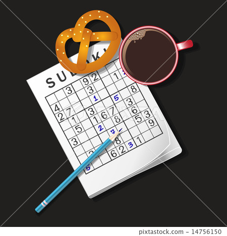 sudoku game, mug of coffee and pretzel 14756150