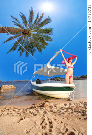 Young fashion woman on the boat in tropic paradise 14756735