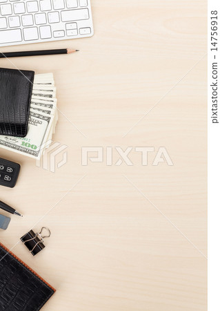 Office table with pc, supplies and money cash 14756918