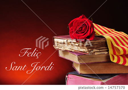 books, rose and text Felic Sant Jordi, in catalan 14757370