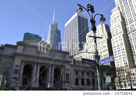 NY public library facade with Bryant park on the b NY public library facade with Bryant park on the b 14758641