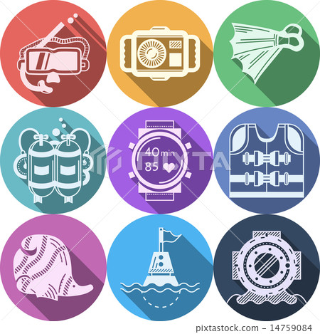 Colored flat vector icons for diving 14759084