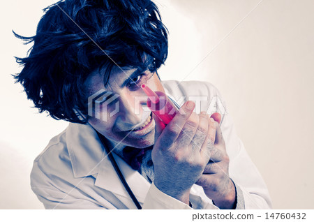 a zombie doctor with a syringe with blood, with a filter effect 14760432