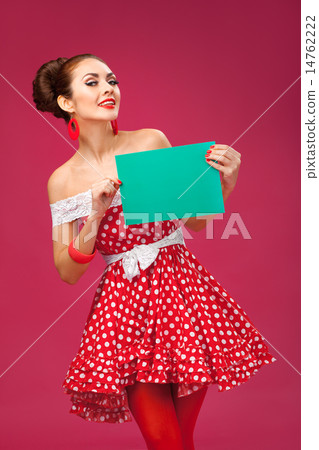Happy Woman Holding Blank Card. Pin-Up Retro style. 14762222