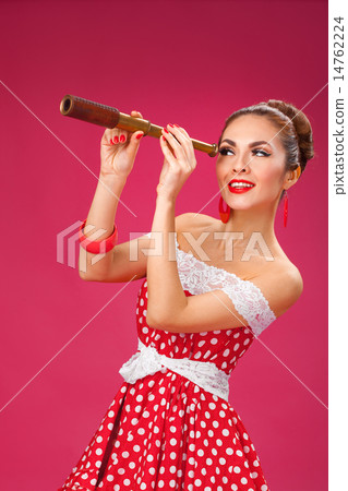 Happy Woman Holding Telescope. Pin-Up Retro style. 14762224