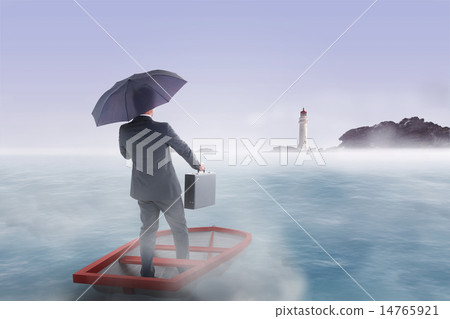 Composite image of businessman in boat with umbrella Composite image of businessman in boat with umbrella 14765921