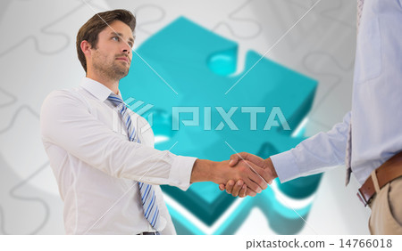 Composite image of two businessmen shaking hands in office 14766018