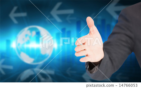 Composite image of businessman extending arm for handshake 14766053