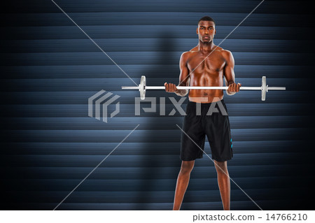 Composite image of portrait of a serious fit young man lifting b 14766210