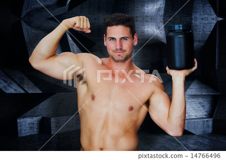 Stock Photo: Composite image of bodybuilder with protein powder