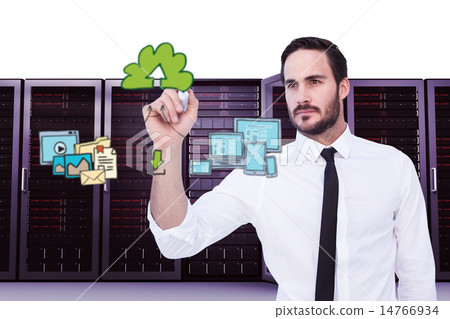 Composite image of focused businessman writing with marker 14766934