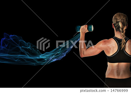 Composite image of female bodybuilder holding a blue dumbbell 14766999