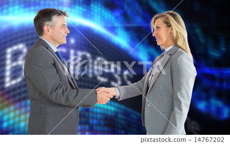 Composite image of pleased businessman shaking the hand of conte 14767202
