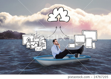 Composite image of businessman in boat with tablet pc Composite image of businessman in boat with tablet pc 14767205