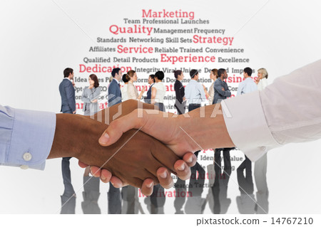 Composite image of close-up shot of a handshake in office Composite image of close-up shot of a handshake in office 14767210