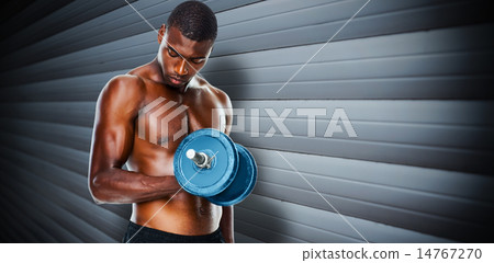 Composite image of determined fit shirtless young man lifting du Composite image of determined fit shirtless young man lifting du 14767270