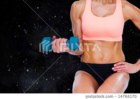 Composite image of strong woman doing bicep curl with blue dumbb 14768170