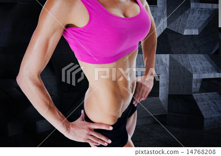 Composite image of female bodybuilder posing in pink sports bra 14768208