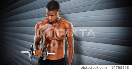 Composite image of serious fit shirtless young man lifting dumbb 14768368