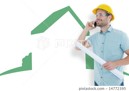 Composite image of male architect with blueprint talking on mobile phone Composite image of male architect with blueprint talking on mobile phone 14772395
