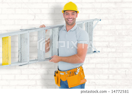 Composite image of portrait of smiling repairman carrying ladder 14772581