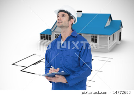 Composite image of supervisor writing notes on clip board Composite image of supervisor writing notes on clip board 14772693
