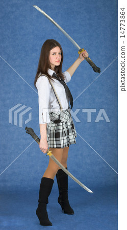 Girl with two swords on a blue background 14773864