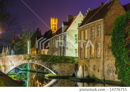 Belfort and the Green canal in Bruges at night 14776755