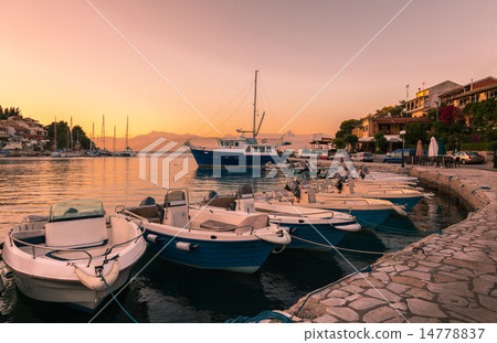 Sea bay with boats at sunset 14778837