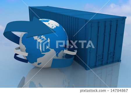 Container with globe on sky background Container with globe on sky background 14784867