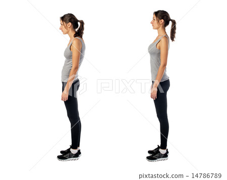 Woman with impaired posture position defect scoliosis and ideal bearing Woman with impaired posture position defect scoliosis and ideal bearing 14786789