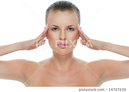 Beauty portrait of young woman with hands on temples isolated on 14787830
