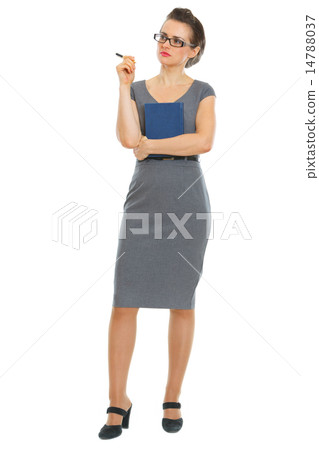 Thoughtful student woman with notebook and pen Thoughtful student woman with notebook and pen 14788037