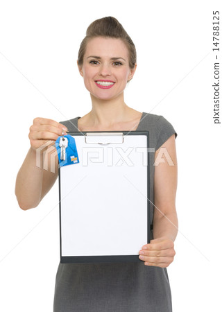 Happy female realtor holding blank clipboard and keys isolated Happy female realtor holding blank clipboard and keys isolated 14788125