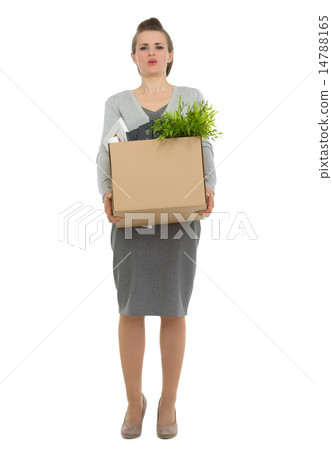 Tired woman employee dragging box with personal items 14788165